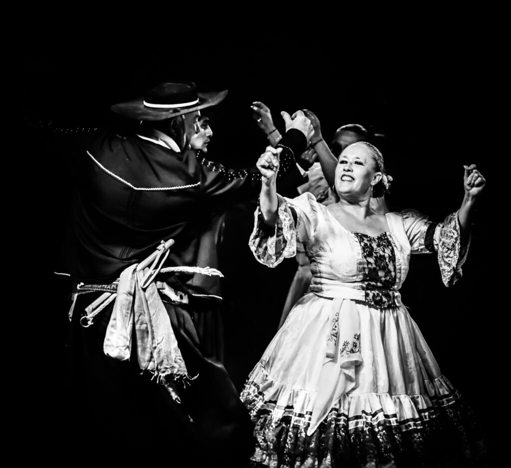 Folk dancers performing together on stage